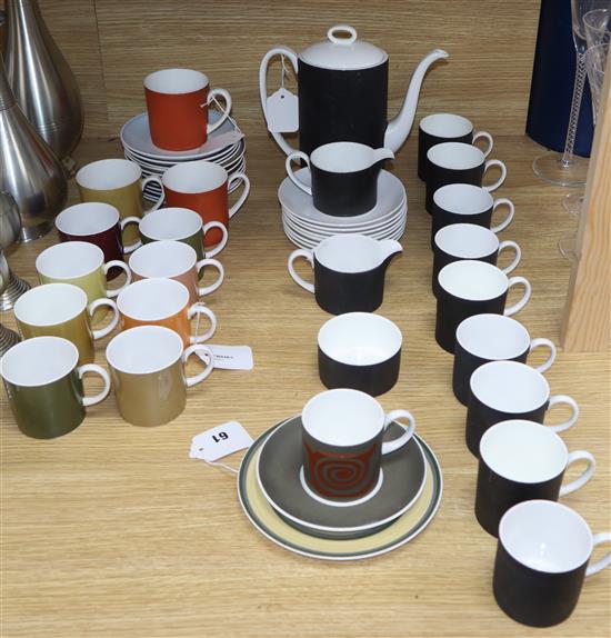 Wedgwood Susie Cooper Contrast pattern coffee wares and a collection of miscellaneous coloured coffee cups and saucers